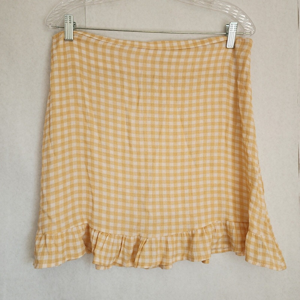 Yellow Gingham Ruffled Mini‎ Skirt by Aubrey Size L Cottagecore Spring Preppy